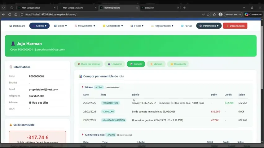 Tableau de bord Synergieloc : suivi des loyers, quittances et comptes propriétaires